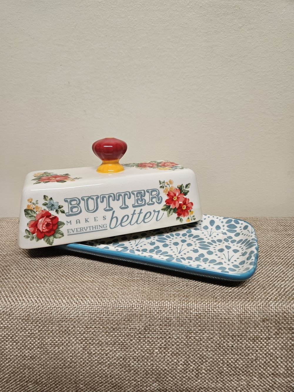 The Pioneer Woman Floral Butter Dish with Red Knob